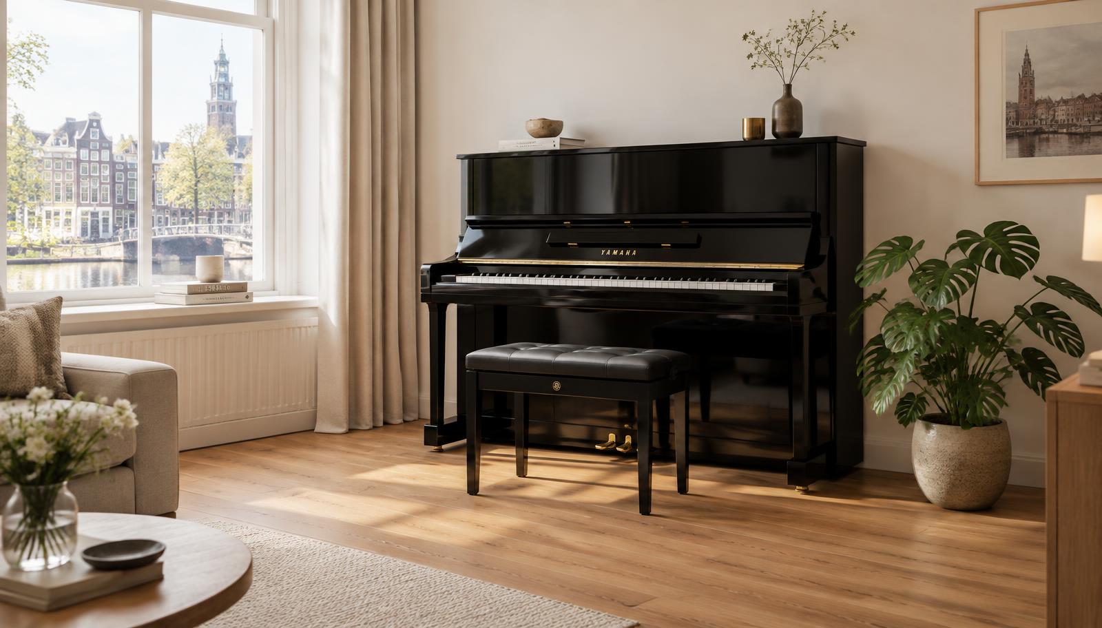 Yamaha piano in een lichte woonkamer